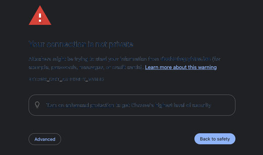 Chrome browser security warning page with Advanced and Proceed options