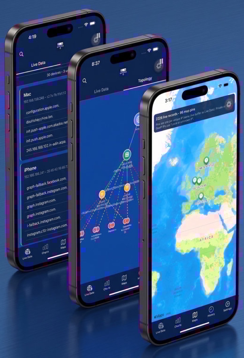 UNpkl Live Data list, Topology diagram, and Maps view on three phones