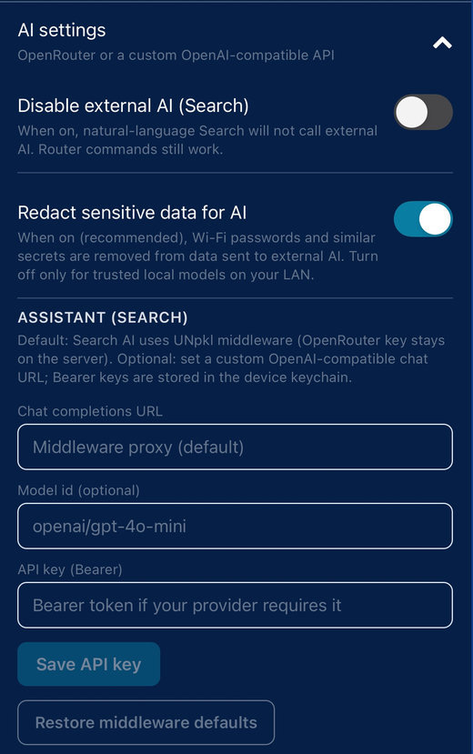 AI settings panel with toggles and OpenAI-compatible API fields