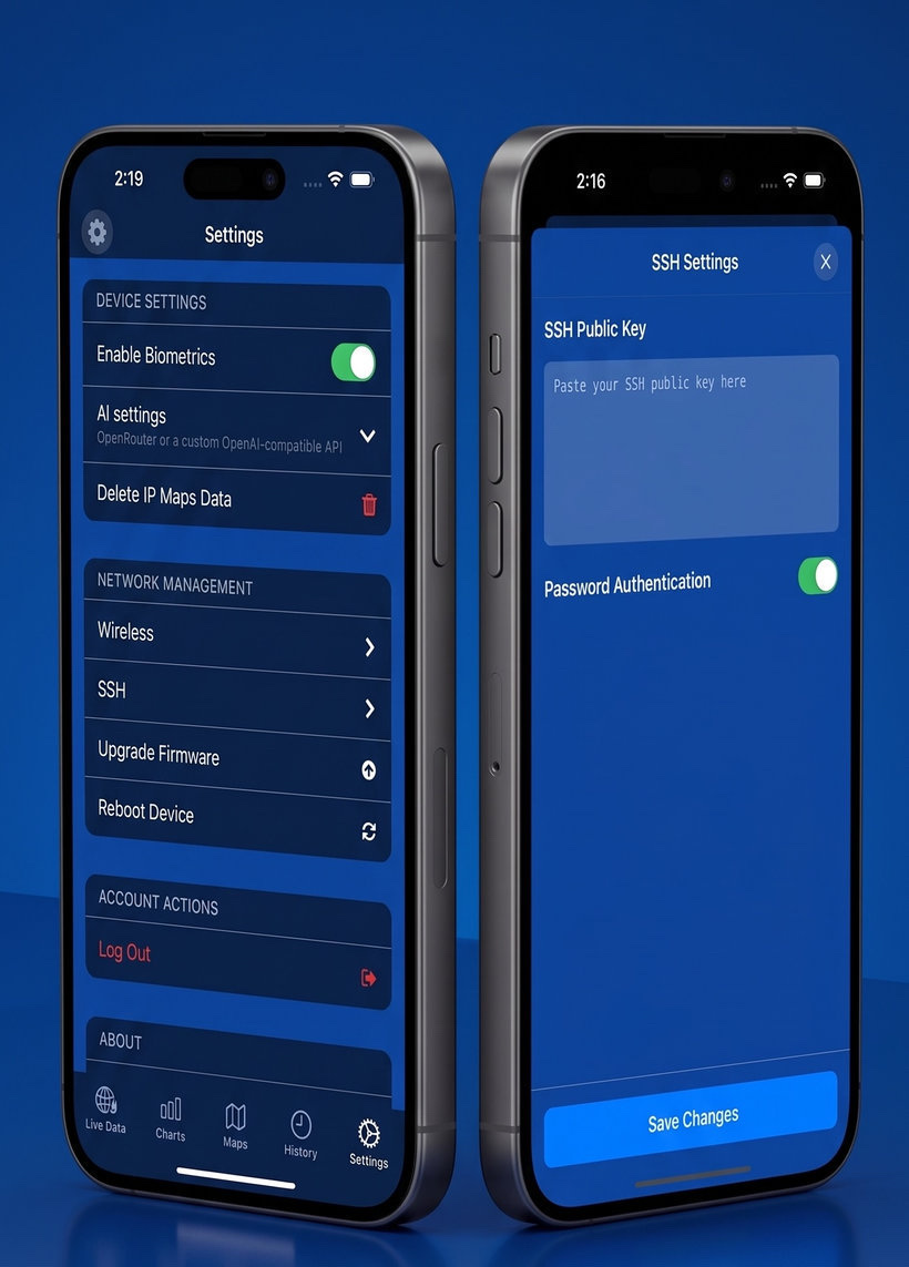 UNpkl Settings screen with Device Settings, Network Management, and SSH modal