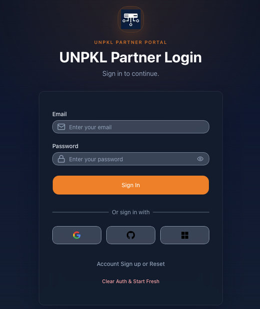 UNpkl Partner Portal login with email, password, and social sign-in options