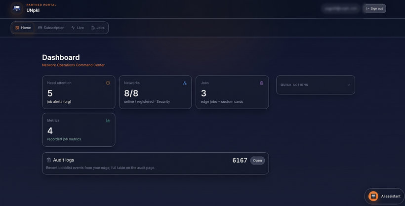 Partner Portal home dashboard with networks, jobs, metrics, and audit preview