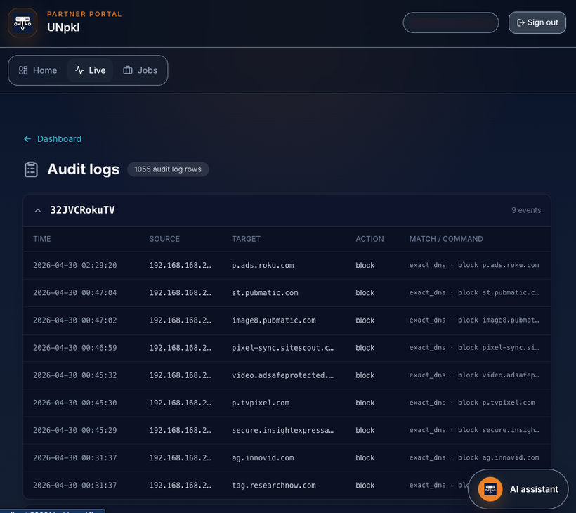 Audit log for a Roku TV showing blocked ad and tracker domains
