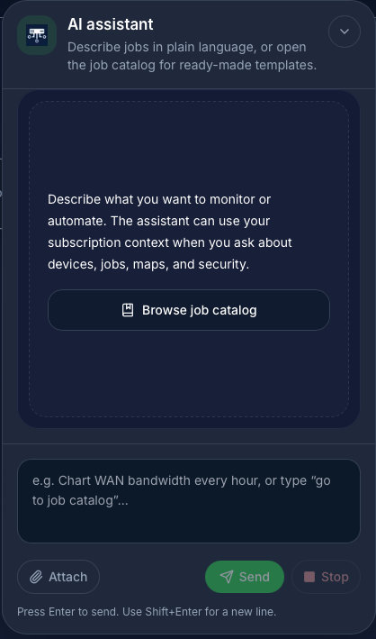 AI assistant panel for describing monitoring jobs and opening the job catalog