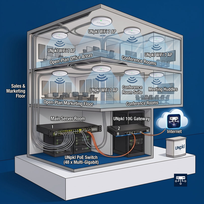 UNpkl Wi-Fi 7 office deployment with gateways, mesh APs, and cloud connectivity